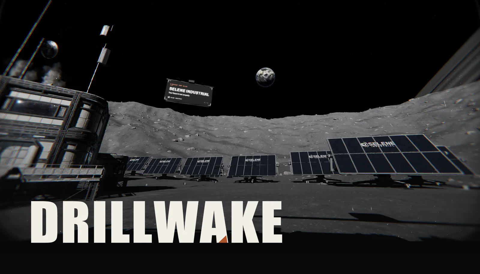 DRILLWAKE key art: the SELENE station on the crater floor with Earth over the rim, under the title