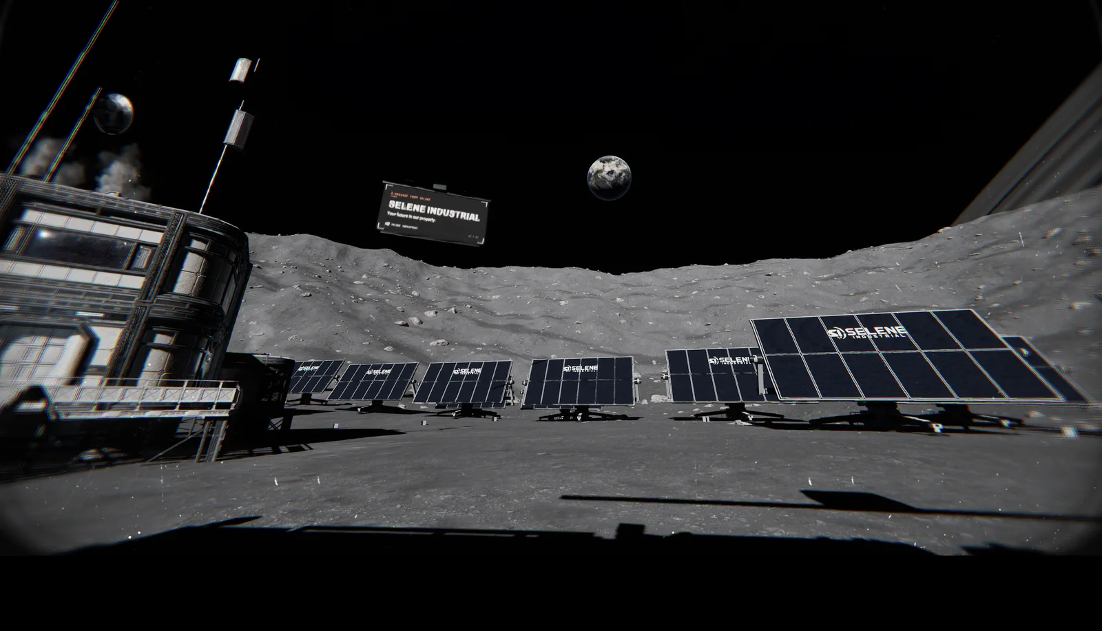 DRILLWAKE in-game: the SELENE station and solar field on the crater floor with Earth over the rim