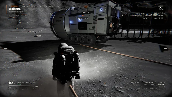 Clone 04 on the crater floor, the oxygen hose trailing back to the DW-01 drill
