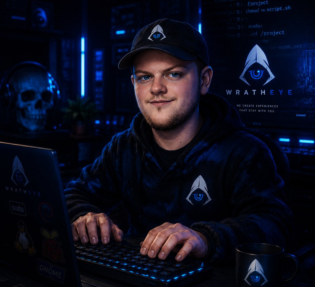 The founder of WrathEye Studios at his desk, lit blue, wearing a WrathEye cap