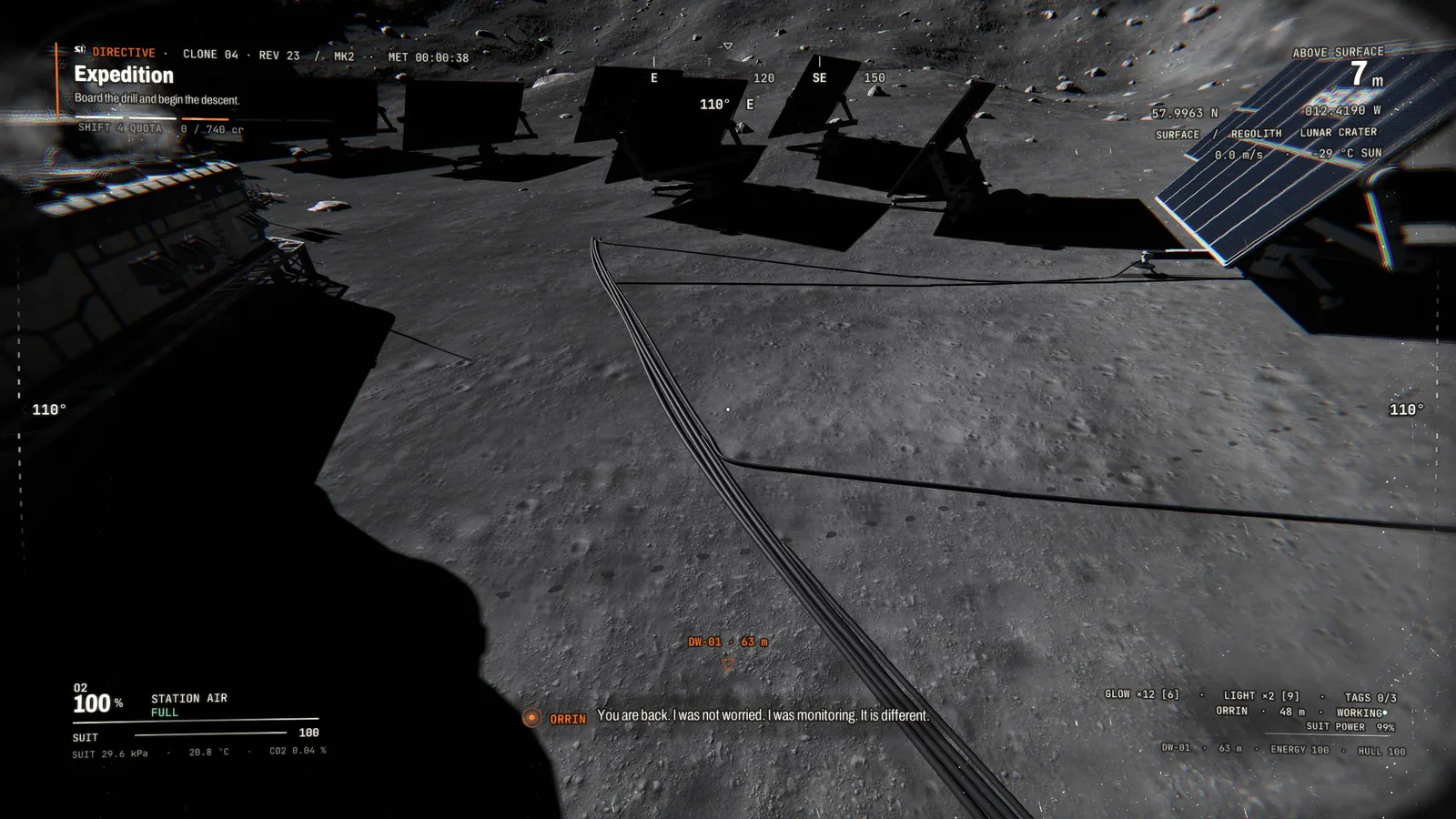 Power cables running from the solar array across the crater floor