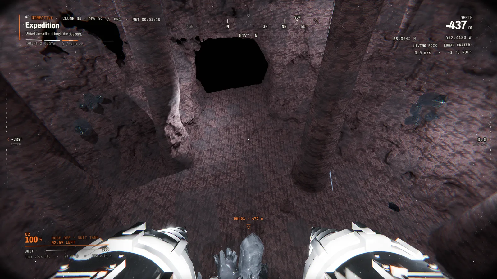 The living-rock cavern near the Heart, reddish walls and thick pillars, hand drills raised