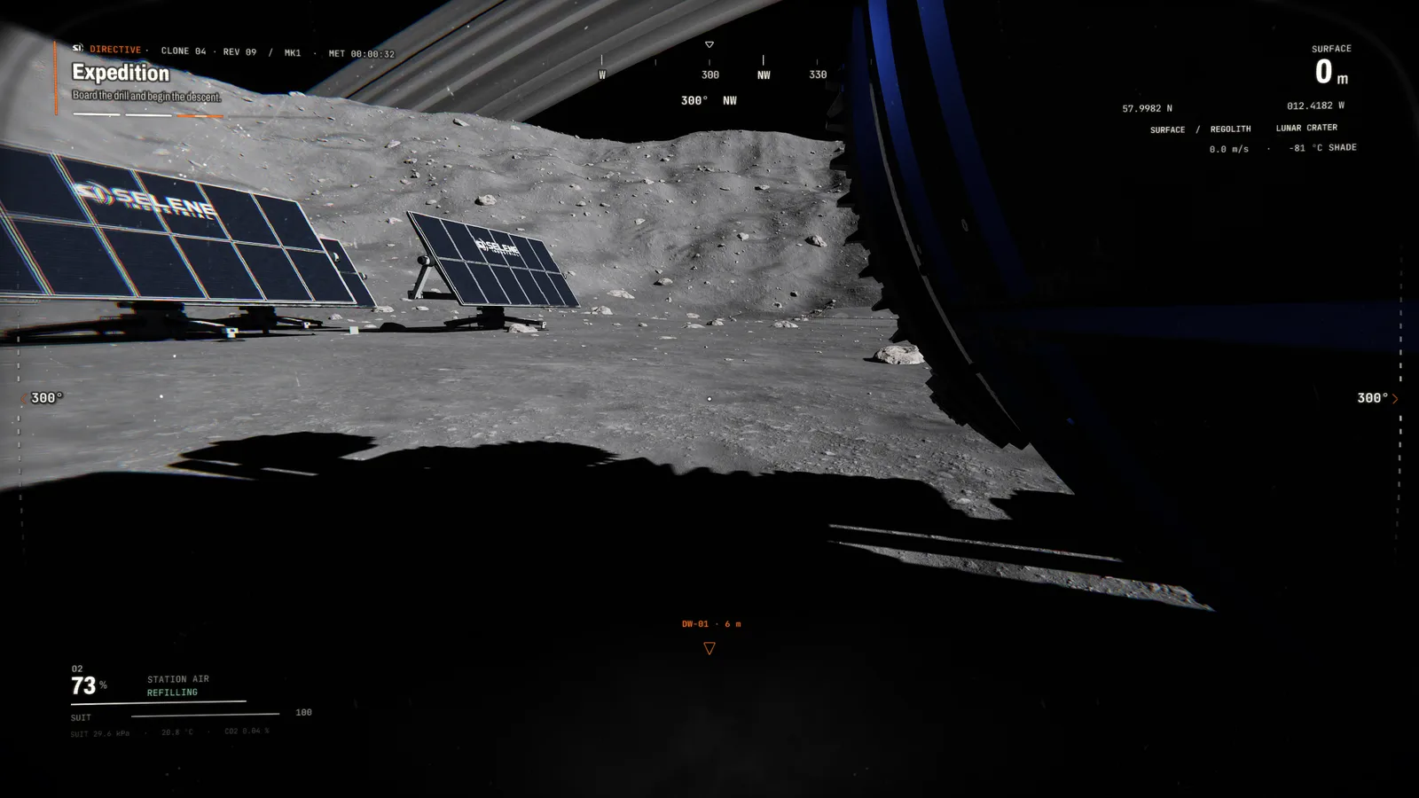 First-person helmet view across the solar field, with the transparent HUD