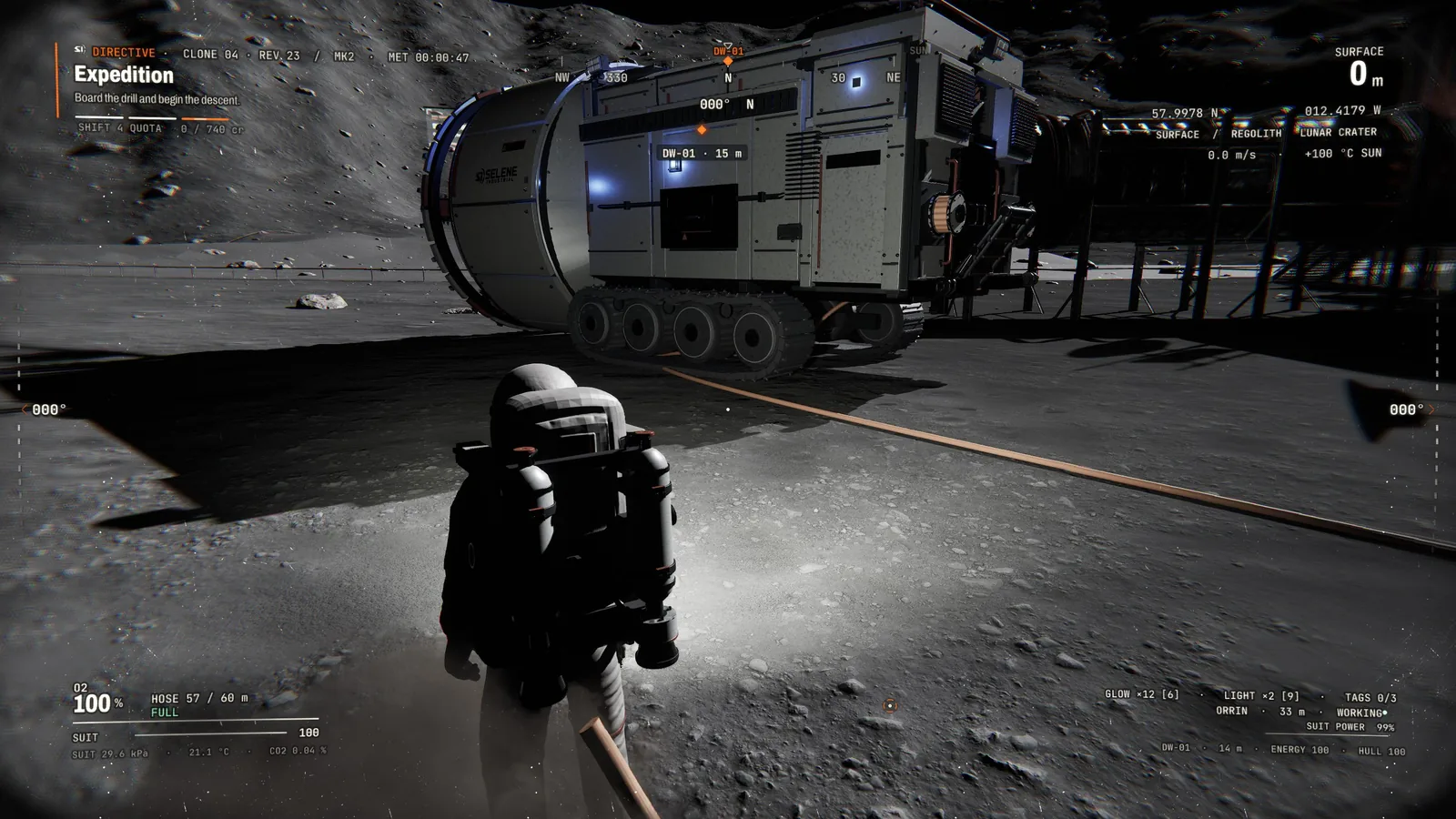 Third-person view of Clone 04 in a white suit on the crater floor, the oxygen hose trailing back to the DW-01 drill
