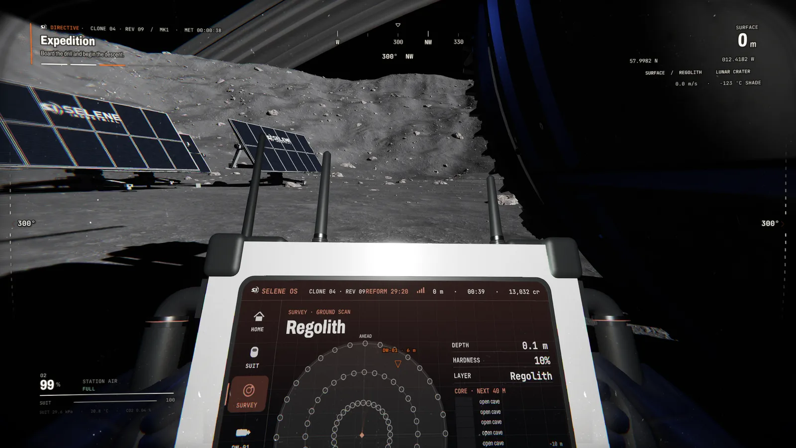 First-person view holding the SELENE survey tablet: a ground scan radar, rock layer, depth and the core under your boots