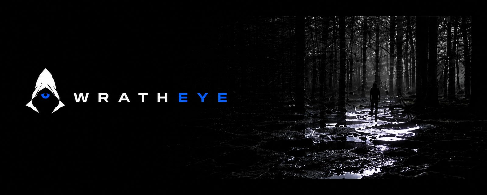 WrathEye Studios — hooded emblem and wordmark over a dark forest